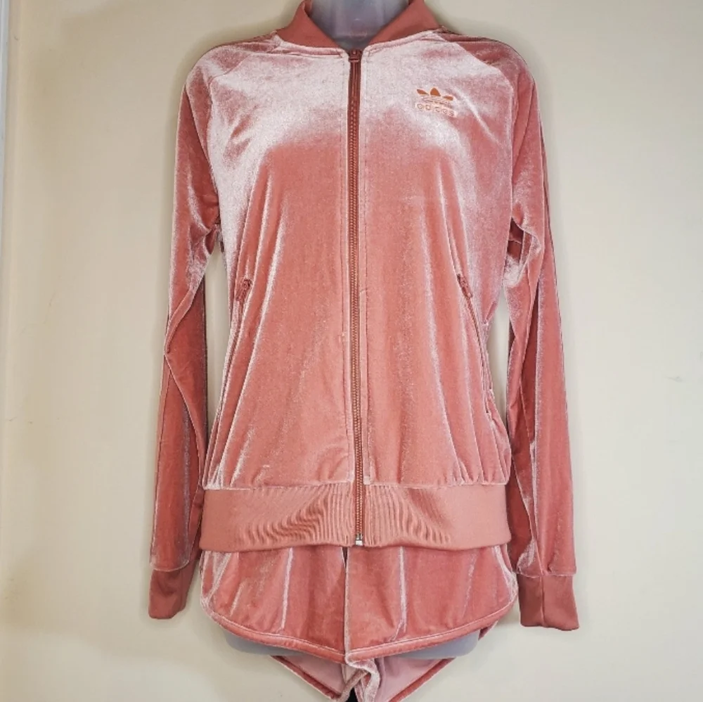 Adidas Originals Pink Velvet Jacket and Shorts Small - Picture 1 of 8